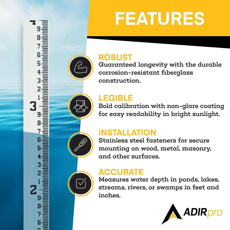 AdirPro 4" Wide Stream Gauge - Heavy Duty Fiberglass Water Depth Gauge - Flow Meters (100ths/10ths/feet) (0-4') - Image 2